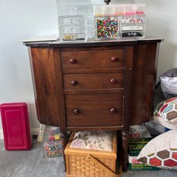 Vintage Sewing Cabinet & Lamp & Sewing Basket, Contents Included