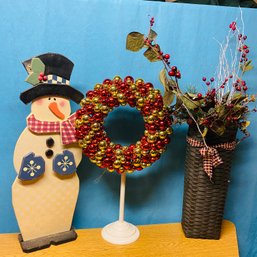 Lot Of Christmas Holiday Decor With Snowman, Wreath & Holder And Door Decoration (basement)