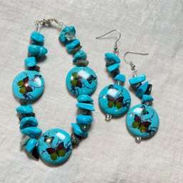 Turquoise Bracelet And Earring Set With Butterflies (Tote)
