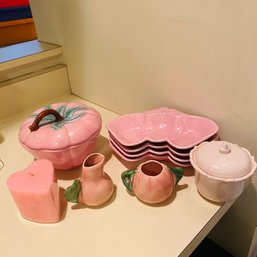 Adorable Vintage Pink Strawberry Bowl And Dishes Set With Extras (Kitchen)