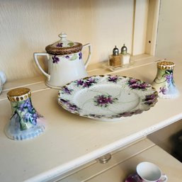 Vintage Hand Painted Violet Shakers, Dish, Creamer And Mini Glass Shakers (DR)