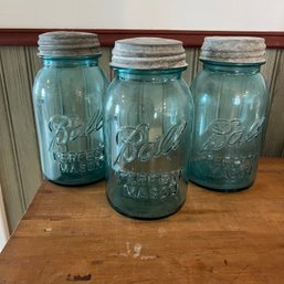 Set Of Three Vintage Blue Glass Canning Jars (kitchen)