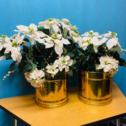 Pair Of Tall Faux White Poinsetta Plants In Gold Tins (basement)