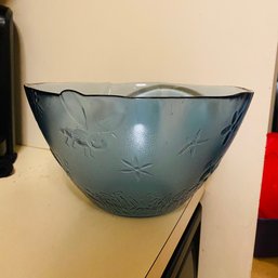 Large Blue Spring Design Embossed Glass Serving Bowl (Kitchen)