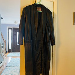 Cool Vintage Long Black Leather Jacket - International Leather Collection, Size Medium (Dining Room 48093)