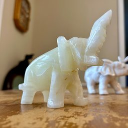 Carved WHITE ONYX Elephant Statue Plus Ceramic Elephant Figurine (BR)