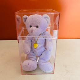 Small Light Purple Plush Bear With 'October' On Foot And Wearing Gold Heart Shaped Pendant (Dining Room 48094)