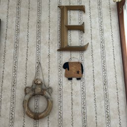 Misc Wall Decor: 3 Pieces: Solid Stone Bud Vase, Fabric Cow, Letter 'E' (Den)