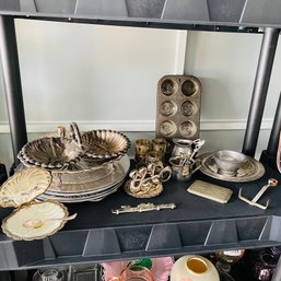 Large Assorted Decorative Metal Items And Dinnerware Pieces Lot (Pod Shelf)
