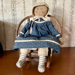 Vintage Fabric Doll With Wooden Chair (Den)