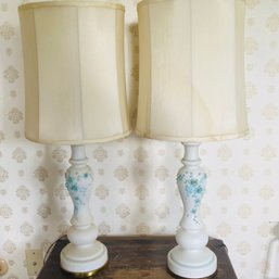 Pair Of Vintage Table Lamps With Raised Flowers (marks On Lampshades) MB