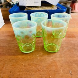Vintage Green Uranium Glass Tumblers - Set Of 5 (Garage On Table)