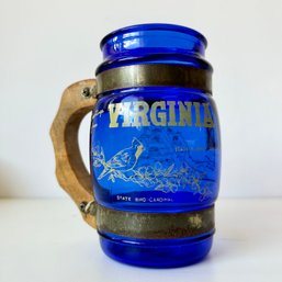 Vintage Blue Glass And Wood Handle VIRGINIA State Mug (MB)
