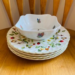Limoges Butterfly/Dragonfly Squared Bowl And Set Of Four James Kent Earthenware Plates (Dining Room)