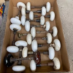 Vintage Assorted Doorknobs/Pulls, Mostly White (Garage Right)