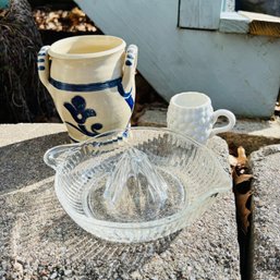 Glass Juicer, Pottery Crock And Miniature Cup (MS)