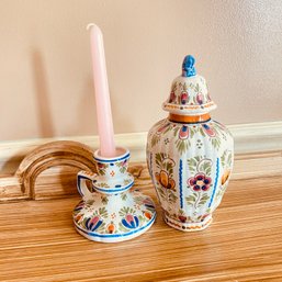 Lovely Hand Painted Candlestick & Small Lidded Jar Pottery By DP Delft (Kitchen)