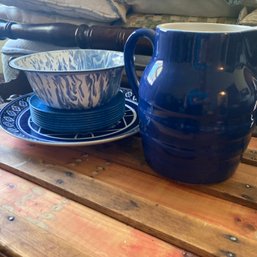 Blue & White Mixed Kitchen Lot: Ceramic Pitcher & Plate, Metal Bowl & Melamine-like Plates (BR)