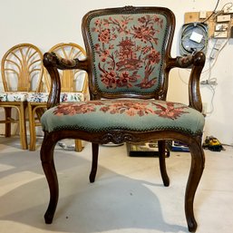 Vintage Wooden Carved Armchair With Embroidered Chinoiserie Design And Velvet Back