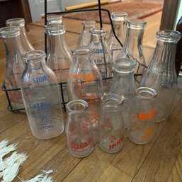 Fifteen Assorted Vintage Milk Bottles With Carrier (LR)