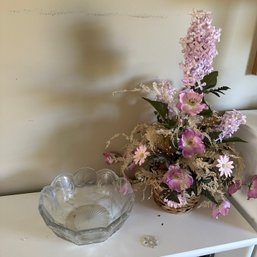 Vintage Glass Bowl & Faux Flowers In Basket (Attic 3)