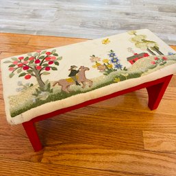 Cute Child's Small Bench / Stool With Stitched Image Of Girl On Horse (dining Room 48107)