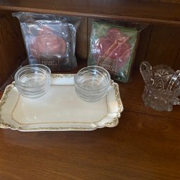 Mixed Lot Of Haviland Ceramic Dish, Small Glass Dishes, Pocket Pie Molds & Glass Sugar Bowl (BR)