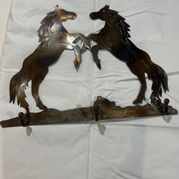 Metal Fabricated Cutout Wall Hanger With Horses And Hooks (BM)