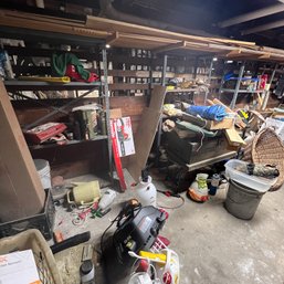 Basement Pickers Lot: Metal Shelving, Tools, Weight Bench, Etc.