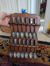 Vintage Collector Spoons On Wooden Wall Display (DR)