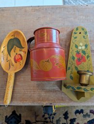 Vintage Painted Spoon, Candleholder And Tin (DR)