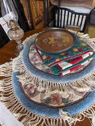 Round Toss Rugs, Painted Wooden Tray, Holiday Throw Quilt And Oil Lamp (garage)