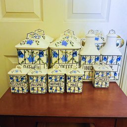 Vintage Coronet Blue Floral Labeled Kitchen Canisters (Dining Room)