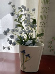 Cute Small Baatz Signed Ceramic Vase With Painted Iris & Silk Flowers (BR1)