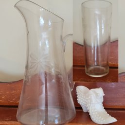 Glass Pitcher, Tall Glass And Fenton Shoe With Cat (DR)