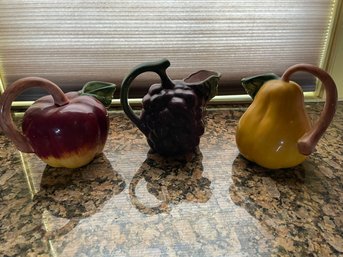 Cute! Trio Of Small Colorful Fruit Themed Ceramic Pitchers With 'stem' Handles (Kitchen)