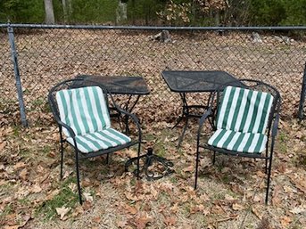 Black Outdoor Metal Tables, Two Chairs And An Umbrella Stand (pool)