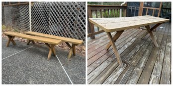 Long Solid Wood Benches With Table - See Desription (LR)