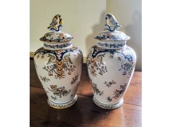 Set Of 2 Signed Antique Ceramic Vases With Bird Tops (Great Room)