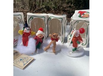 4 Small Annalee Christmas Tree Ornaments - Bear, Snowman & Skiers (Garage) MB2