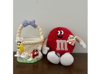Vintage 1987 M&M Fun Friend Stuffed Toy And Ceramic M&Ms Easter Basket (KH)
