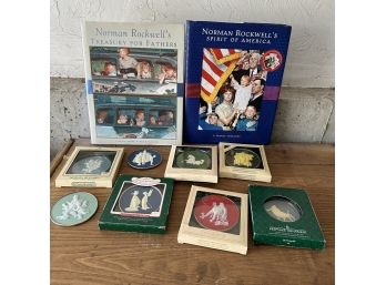 Pair Of Norman Rockwell Books & 8 Norman Rockwell Keepsake Cameo Ornaments (MB) MB2
