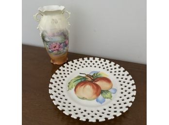 Vintage Vase With Swan & Lefton Peach Plate (KH)