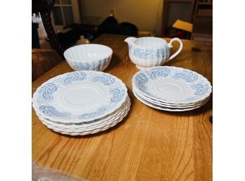 Susie Cooper Blue & White Elderberry Bone China: Saucers, Plate, Creamer, Etc. (Den)