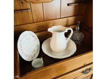 Pitcher With Bowl, Plate And Crystal Candy Dish With Lid (basement)