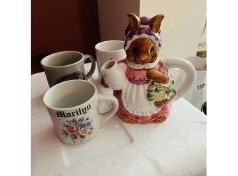 Ceramic Rabbit Pitcher And Mugs (basement)