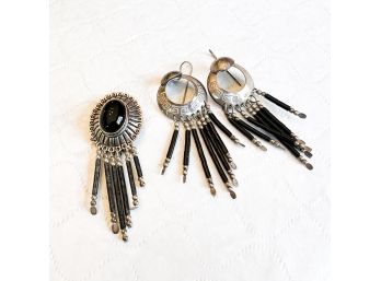 Sterling Earrings With Beaded Fringe And Matching Button Cover