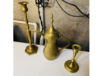 Brass Candlesticks And Kettle (Basement Brass Bin)