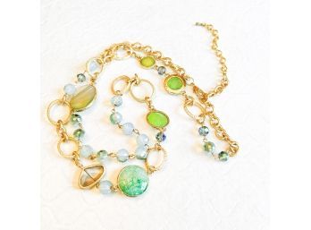 Gold Tone Necklace With Green And Aqua Beads