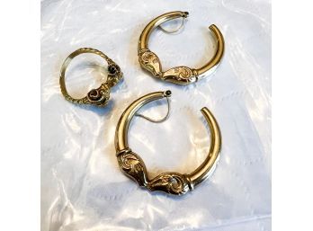 Greek Gold Rams Head Ring And Gold Tone Earrings